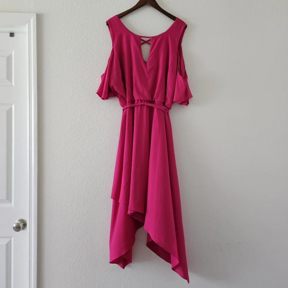Lane Bryant cold shoulder dress sz 20 pink shark bite hem tie belt NWT - Picture 2 of 15